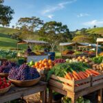 Mercado Digital de Agricultores em Itupeva com barracas de frutas e vegetais frescos, avaliando expansão agrícola.