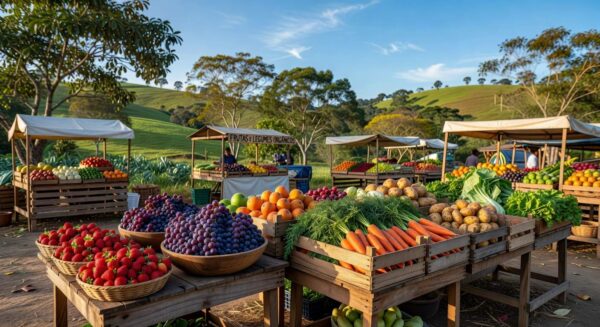 Mercado Digital de Agricultores em Itupeva com barracas de frutas e vegetais frescos, avaliando expansão agrícola.
