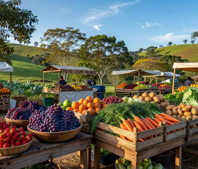 Mercado Digital de Agricultores em Itupeva com barracas de frutas e vegetais frescos, avaliando expansão agrícola.