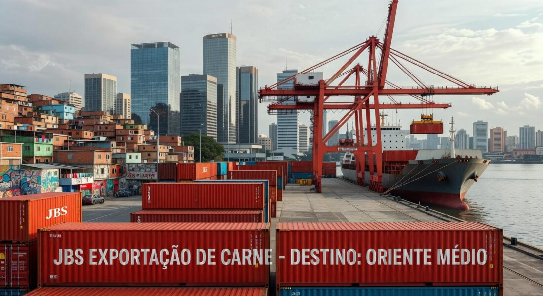 Porto brasileiro com contêineres da JBS para exportação ao Oriente Médio, em meio à guerra no Irã.