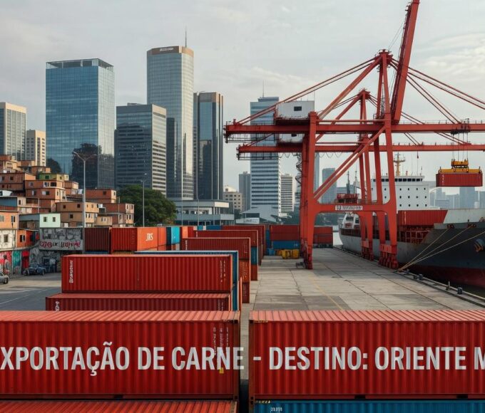 Porto brasileiro com contêineres da JBS para exportação ao Oriente Médio, em meio à guerra no Irã.