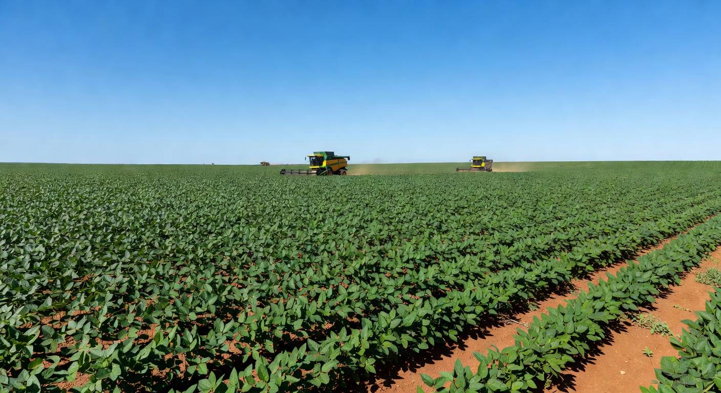 Plantação de soja em Mato Grosso, Brasil, durante a safra 2025/26, com campos verdes extensos.