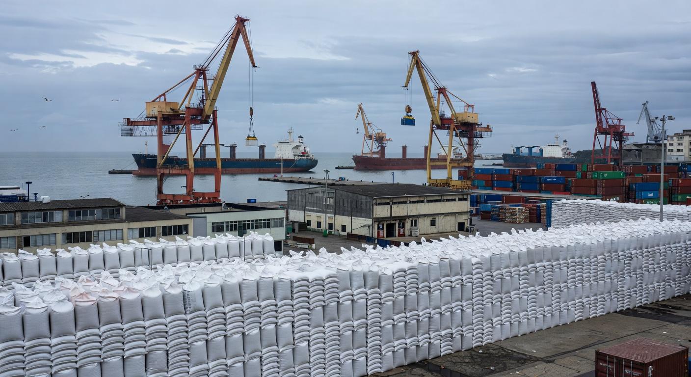Porto brasileiro com pilhas de sacos de nitrato de amônio, guindastes e navios, refletindo alta nos preços devido à guerra no Oriente Médio.