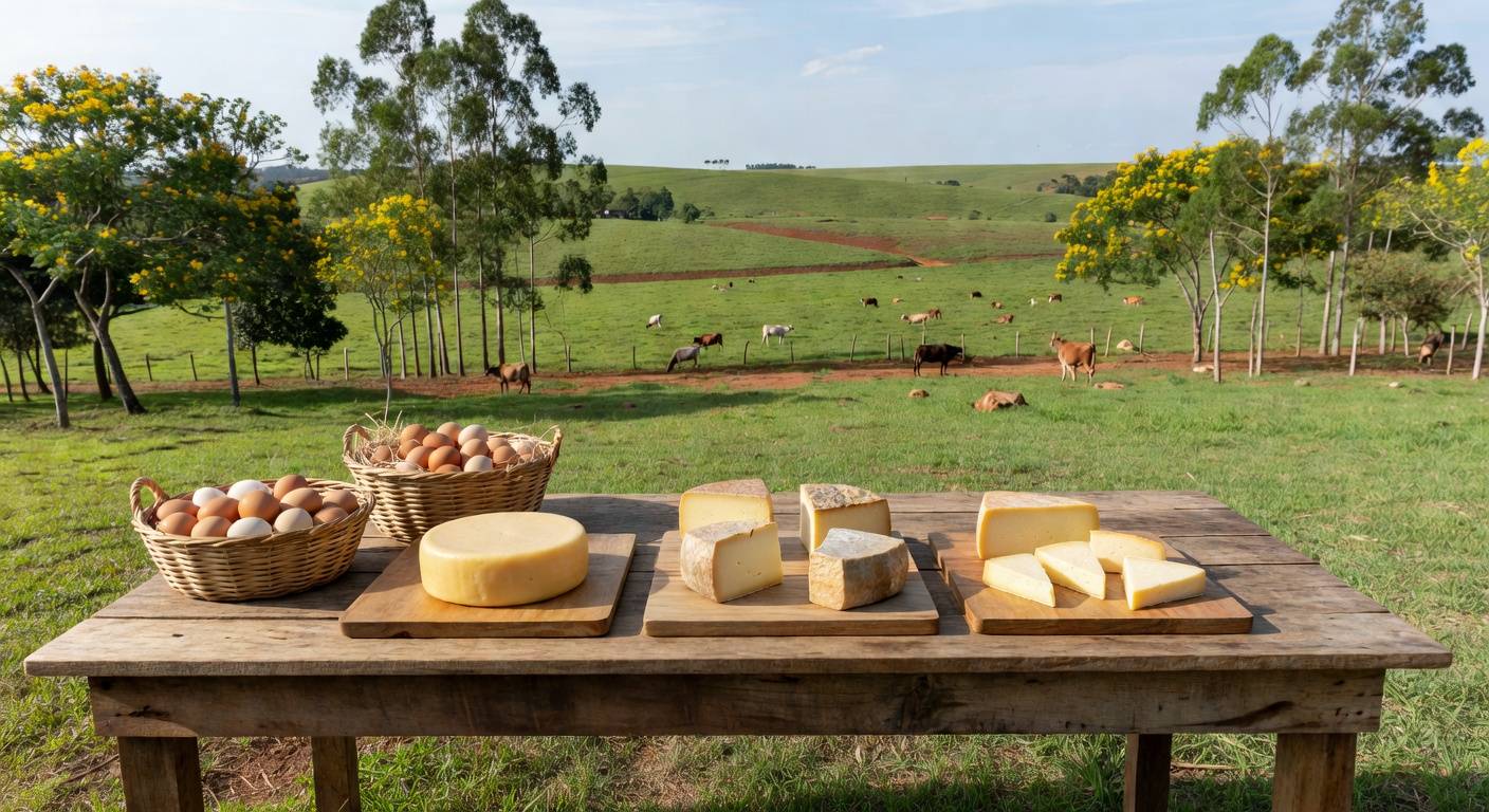 Mesa com queijos artesanais e ovos caipiras em fazenda de Aracatuba, simbolizando selo Sisbi-POA para venda nacional.