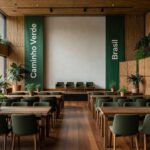 Sala de conferência em SP com elementos sustentáveis para debate sobre desafios do Caminho Verde Brasil.