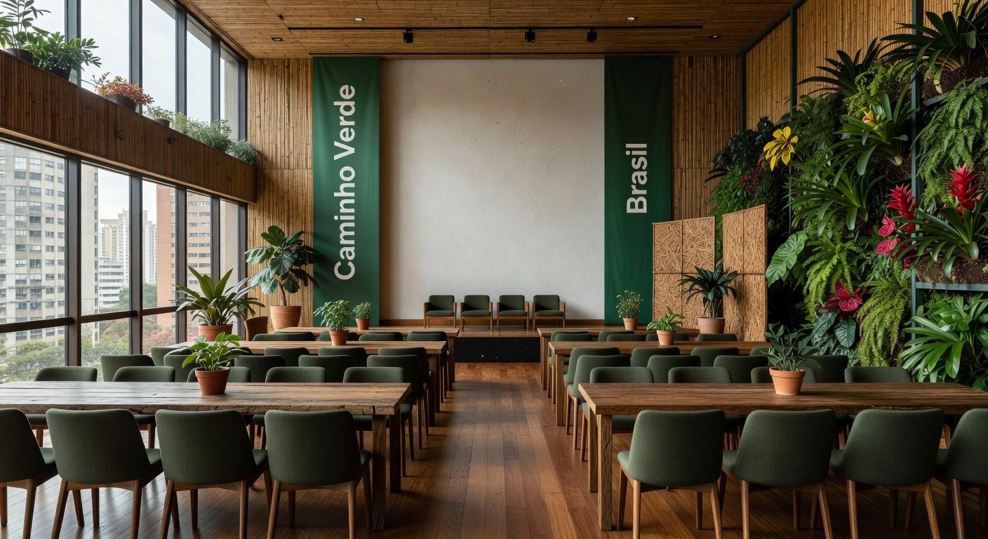 Sala de conferência em SP com elementos sustentáveis para debate sobre desafios do Caminho Verde Brasil.