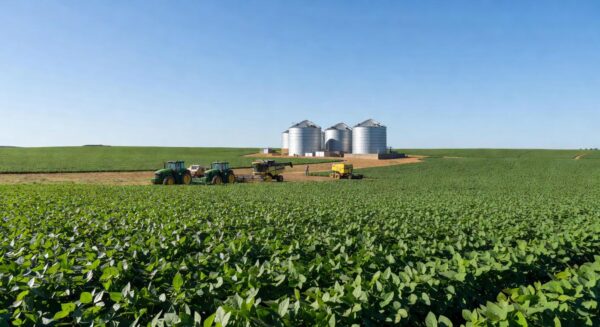 Plantação de soja no Brasil com silos ao fundo, simbolizando captação de recursos no agronegócio para reestruturar dívida.
