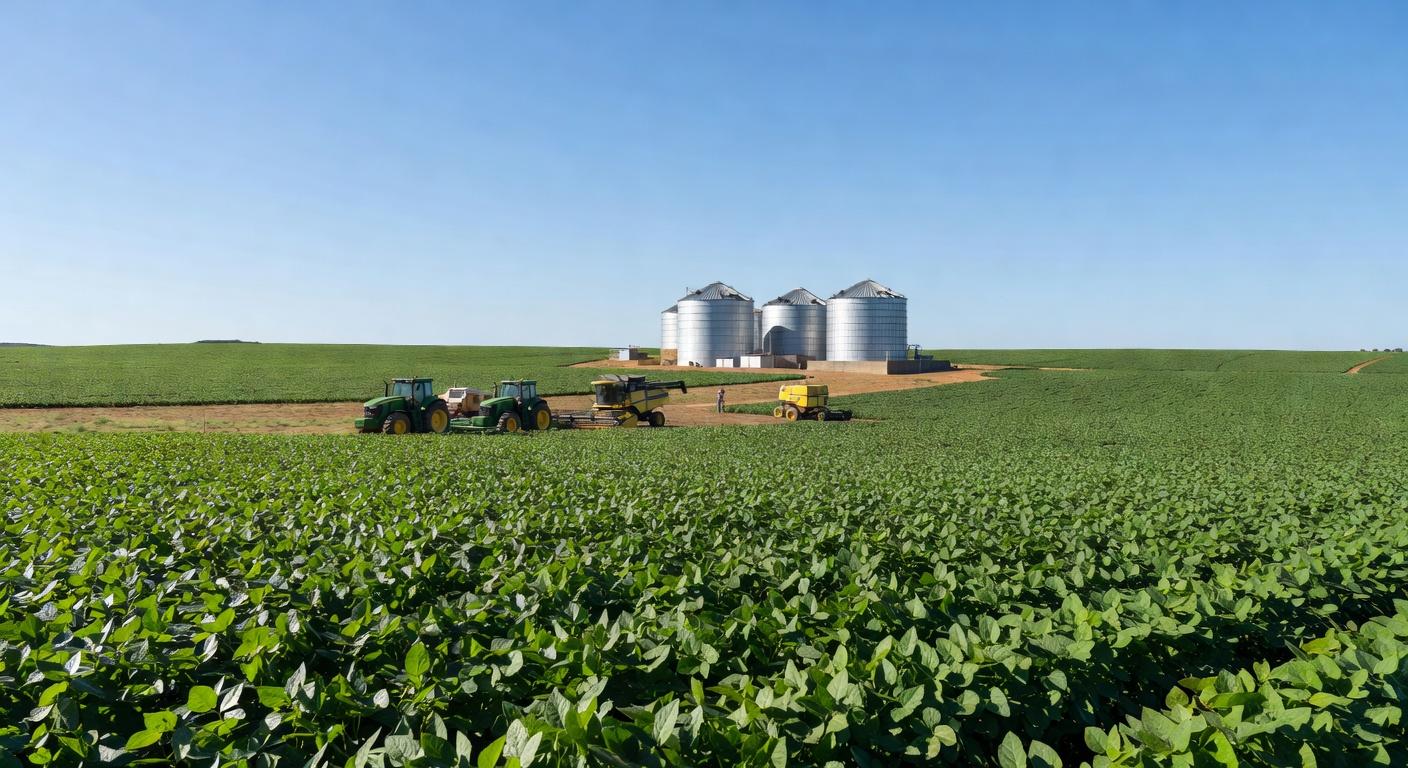 Plantação de soja no Brasil com silos ao fundo, simbolizando captação de recursos no agronegócio para reestruturar dívida.