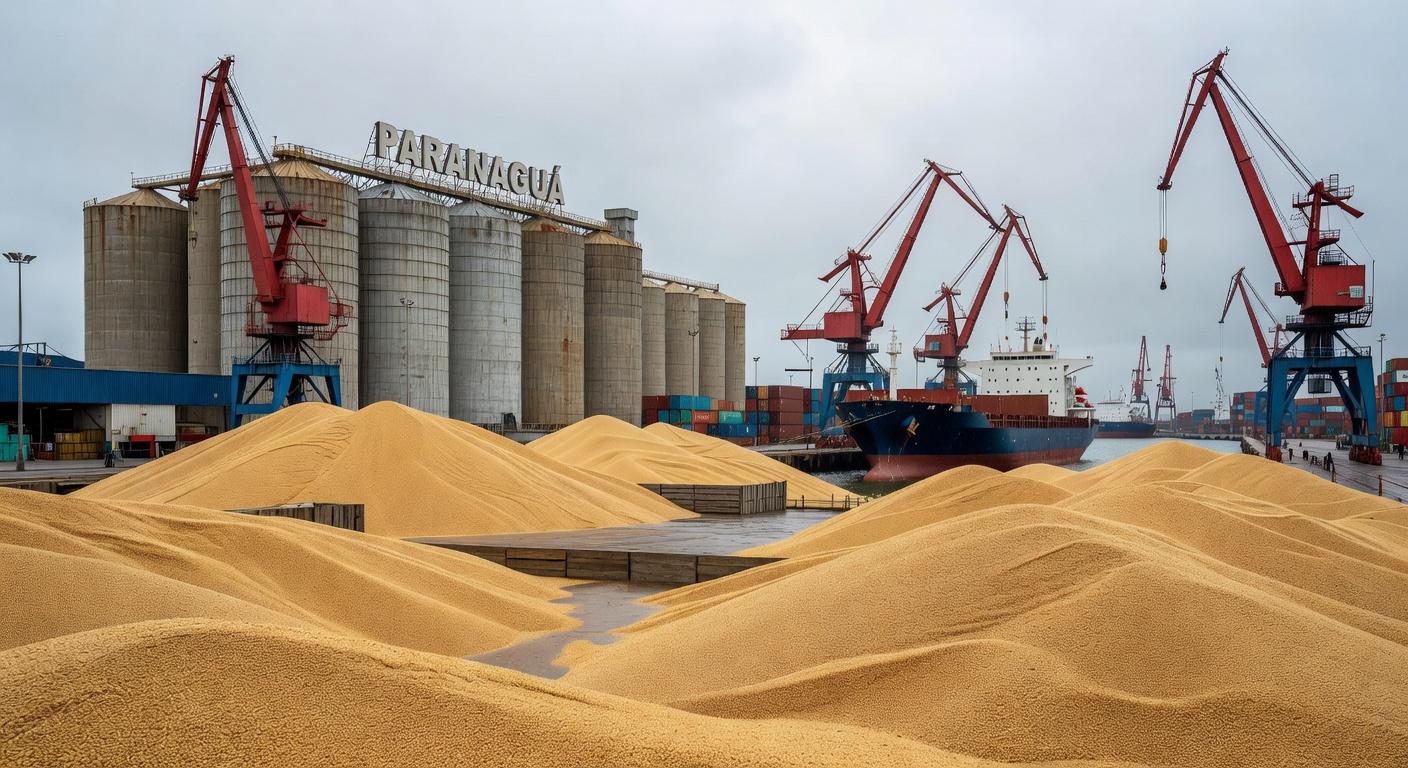 Porto de Paranaguá com silos e cargas de soja para exportação, identificando fraude em 42 toneladas para China.