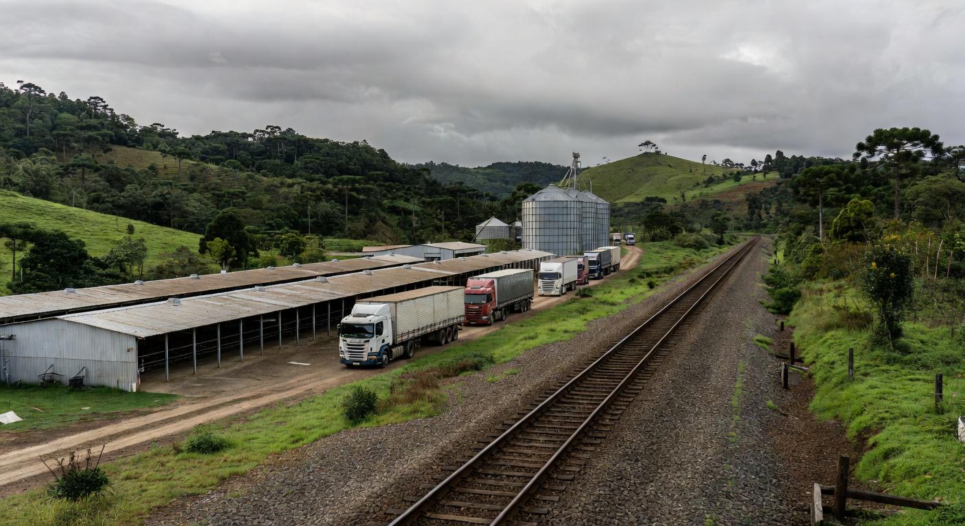 Trilhos de trem em paisagem rural de SC com granjas de frango e silos, representando Ferrovia do Frango e gargalos logísticos no agronegócio.