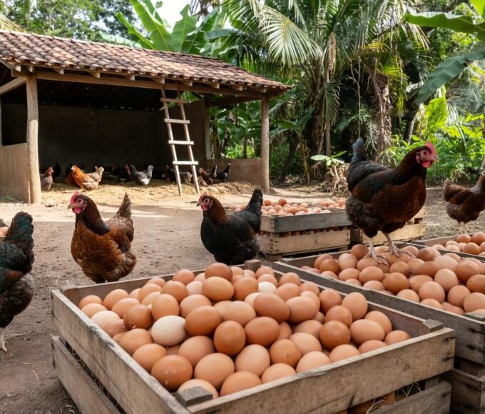 Granja brasileira com galinhas e ovos abundantes, desmentindo mito da Quaresma.