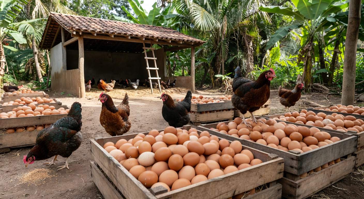 Granja brasileira com galinhas e ovos abundantes, desmentindo mito da Quaresma.