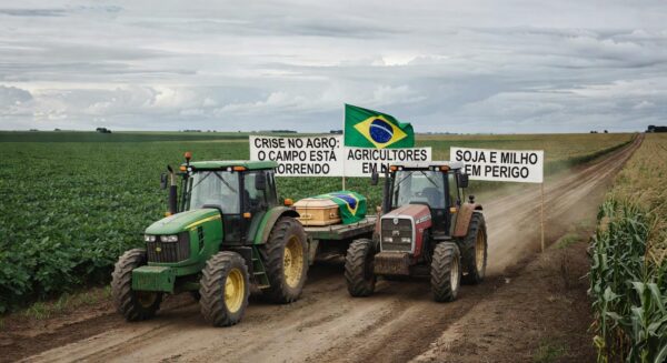 Cortejo fúnebre simbólico com tratores e caixão em protesto de produtores gaúchos contra crise no agro na Expodireto.