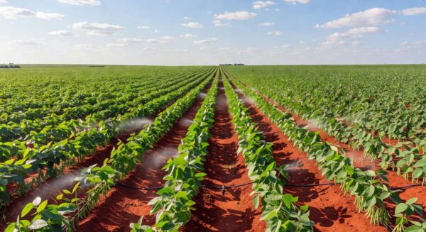 Plantação de soja sustentável no Brasil, destacando práticas ecológicas em lavoura rural.