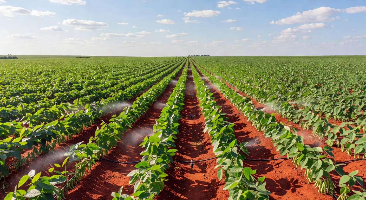 Plantação de soja sustentável no Brasil, destacando práticas ecológicas em lavoura rural.