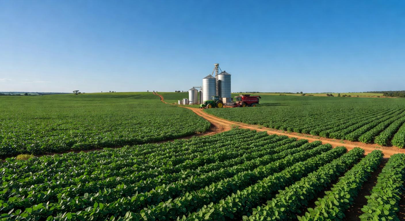 Plantação de soja no Brasil com silos e maquinário, representando inovação em fusões e aquisições no agro.