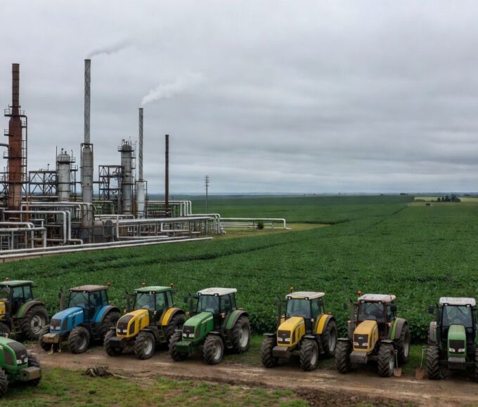 Refinaria de petróleo no RS com campos de soja ao fundo, alertando para possível desabastecimento de diesel.