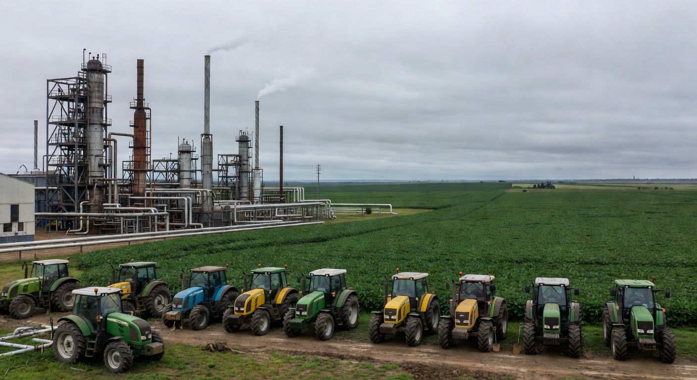 Refinaria de petróleo no RS com campos de soja ao fundo, alertando para possível desabastecimento de diesel.