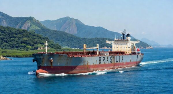 Navio petroleiro em águas brasileiras, ilustrando riscos no comércio de petróleo e alta nos preços.