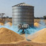 Silo de grãos com tecnologia de ozônio combatendo micotoxinas em fazenda brasileira.
