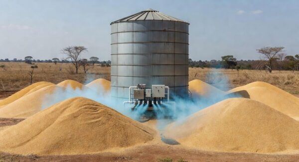 Silo de grãos com tecnologia de ozônio combatendo micotoxinas em fazenda brasileira.