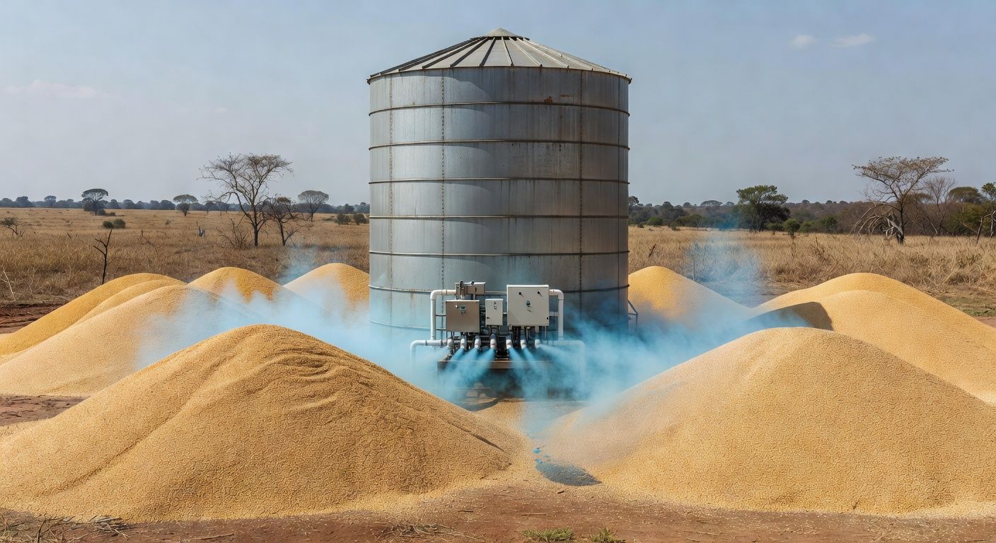 Silo de grãos com tecnologia de ozônio combatendo micotoxinas em fazenda brasileira.