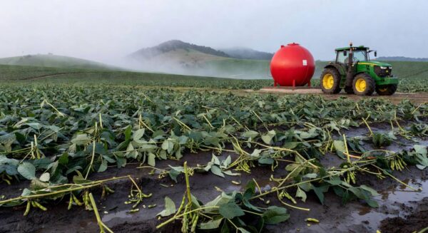 Plantação de soja danificada por granizo em SC, com trator e tanque de diesel ao fundo, ilustrando aumento de custos no combustível.