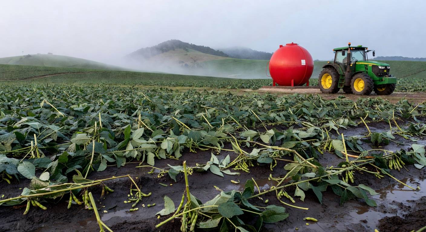 Plantação de soja danificada por granizo em SC, com trator e tanque de diesel ao fundo, ilustrando aumento de custos no combustível.