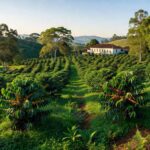 Plantação de café sustentável nas montanhas de Minas Gerais, promovendo práticas ecológicas na cafeicultura.