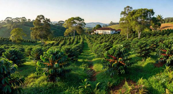 Plantação de café sustentável nas montanhas de Minas Gerais, promovendo práticas ecológicas na cafeicultura.
