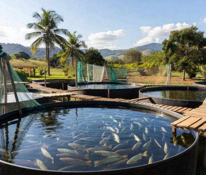 Tanques de criação de tilápia em fazenda brasileira, ilustrando oferta restrita e alta demanda no mercado.