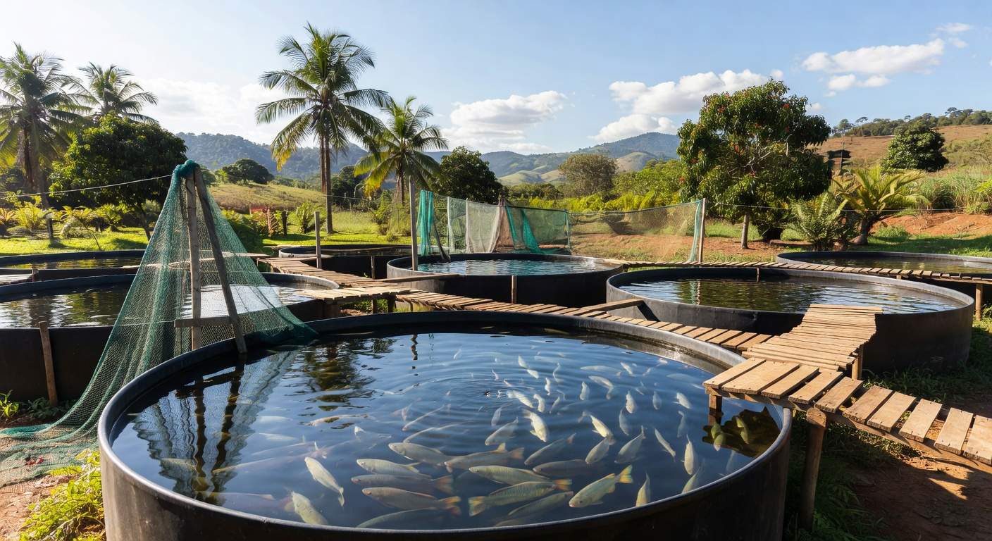 Tanques de criação de tilápia em fazenda brasileira, ilustrando oferta restrita e alta demanda no mercado.