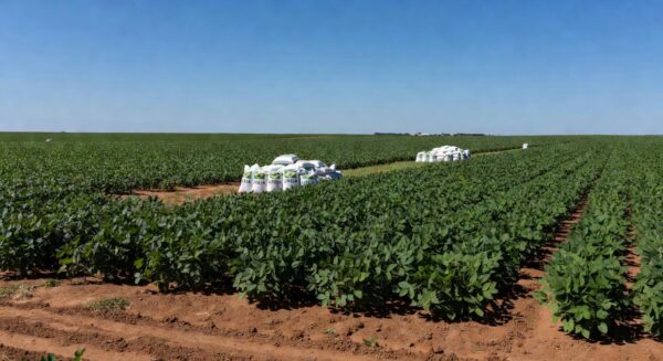 Plantação de soja em Mato Grosso com fertilizantes, ilustrando alta nos custos de produção devido à ureia.