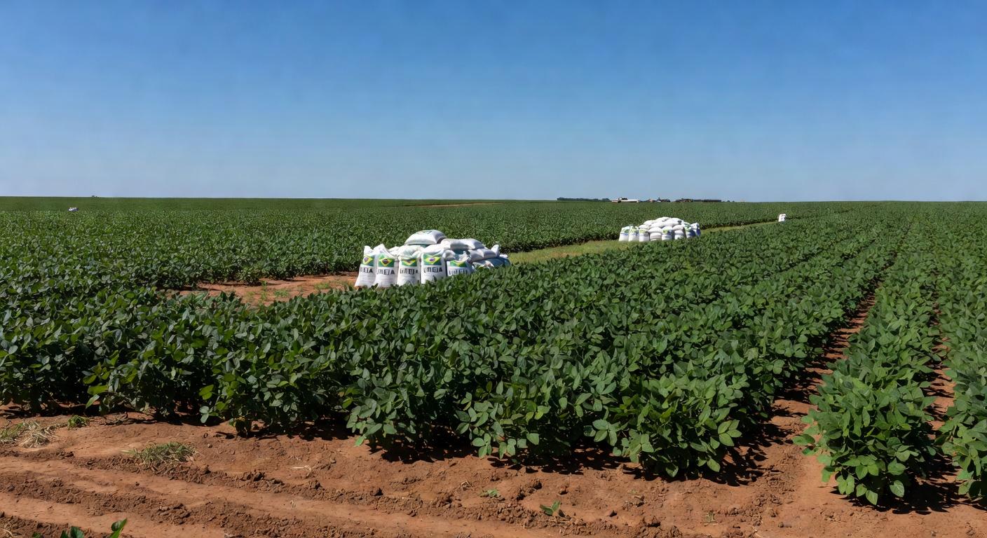 Plantação de soja em Mato Grosso com fertilizantes, ilustrando alta nos custos de produção devido à ureia.