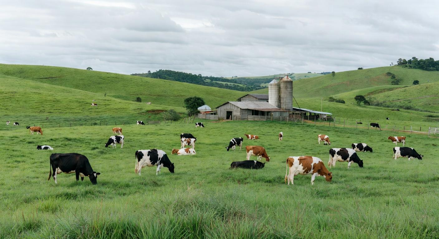 Fazenda de pecuária leiteira no Paraná com vacas pastando em campos verdes, ilustrando financiamento do BRDE de R$ 164,5 milhões.