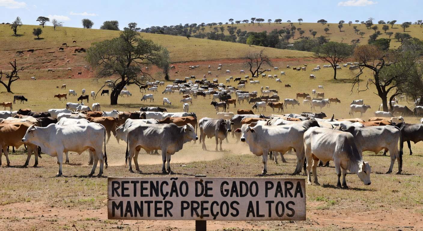 Rebanho de gado em pastagem no Cerrado brasileiro, ilustrando retenção de animais e preços da arroba acima de R$ 350.