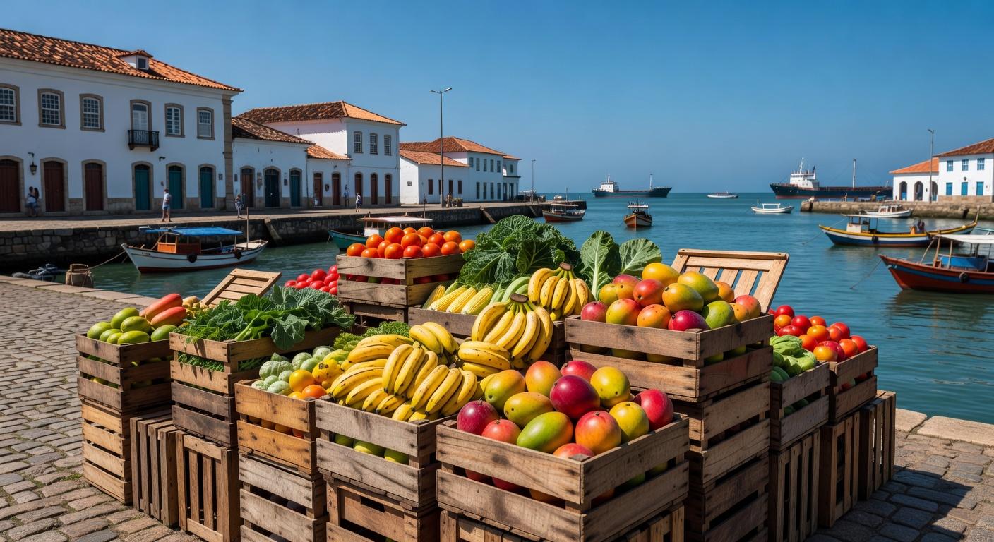 Caixas de hortifrutis frescos empilhadas em porto brasileiro para exportação direta a São Tomé e Príncipe.