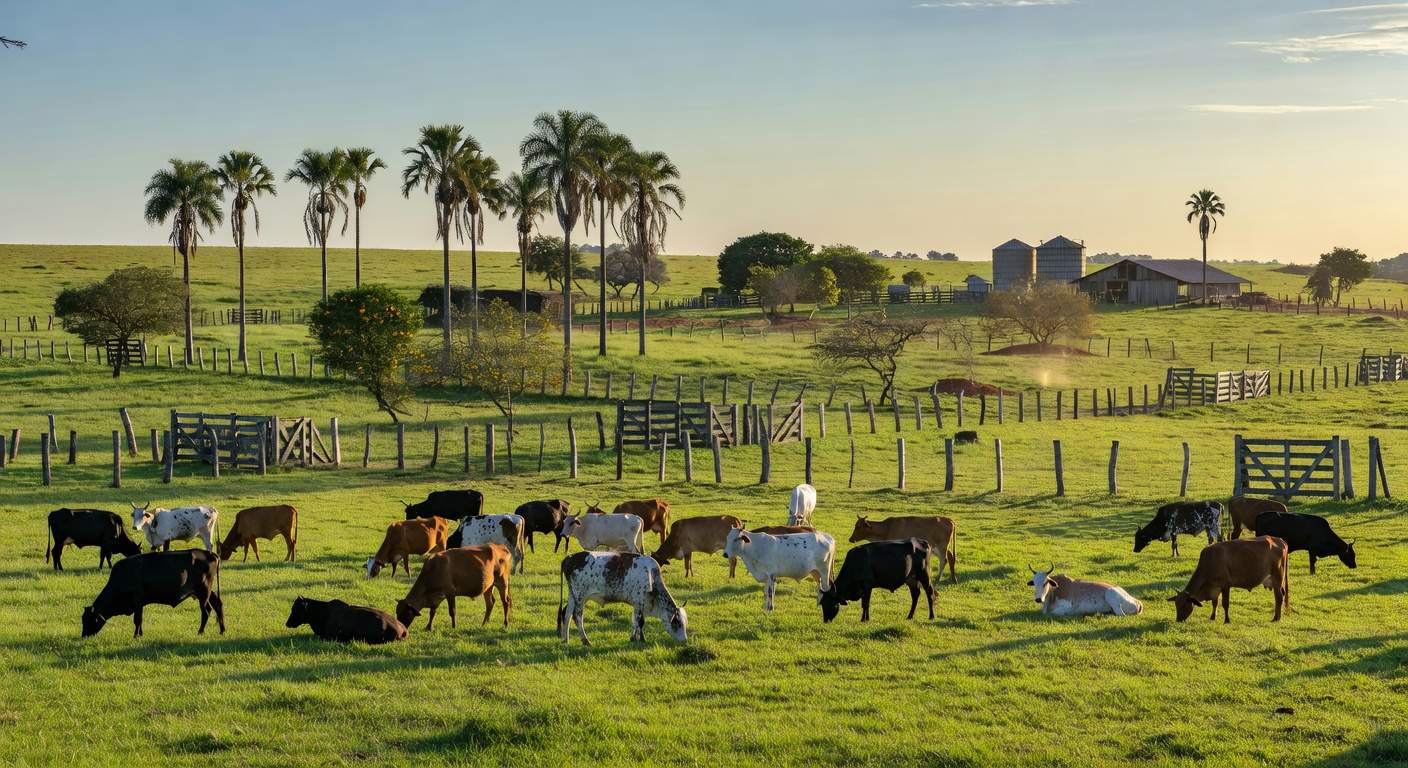 Rebanho de gado em fazenda brasileira, ilustrando mercado de boi gordo com preços estáveis apesar de pressões de frigoríficos.