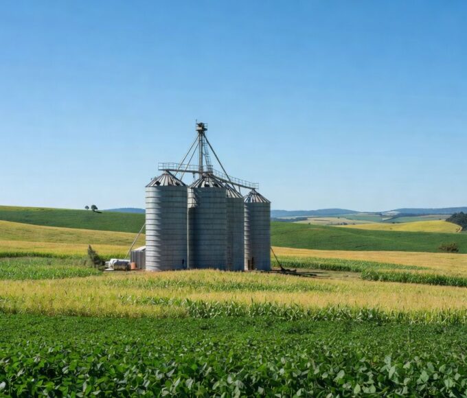 Silos agrícolas em Tamarana, Paraná, representando venda de unidade de sementes para Coamo.