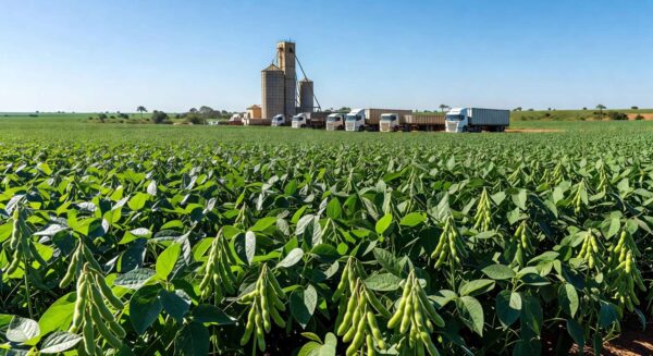 Plantação de soja no Brasil com silos ao fundo, ilustrando suspensão de exportações para a China.