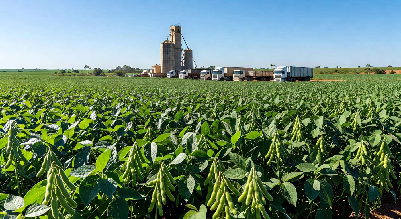 Plantação de soja no Brasil com silos ao fundo, ilustrando suspensão de exportações para a China.