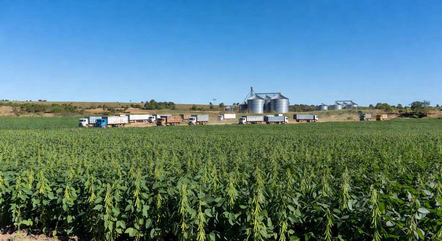 Plantação de soja no Brasil com silos e caminhões, ilustrando impasse fitossanitário em exportações para China.