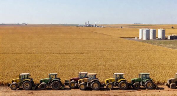 Plantação de soja no Brasil com tratores e tanques de diesel, representando debate sobre tributos no agro e biodiesel.
