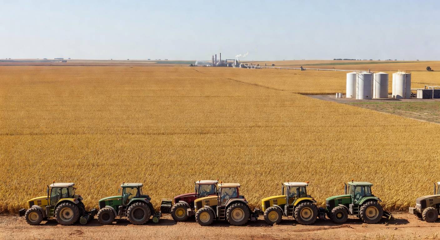Plantação de soja no Brasil com tratores e tanques de diesel, representando debate sobre tributos no agro e biodiesel.