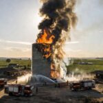 Silo de soja em incêndio controlado por bombeiros em Unaí, Minas Gerais, sem feridos.
