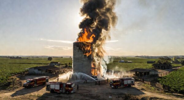 Silo de soja em incêndio controlado por bombeiros em Unaí, Minas Gerais, sem feridos.