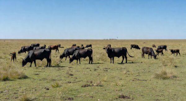 Rebanho de gado Brangus em pastagem nos pampas do Rio Grande do Sul durante visitas técnicas do Congresso Mundial.