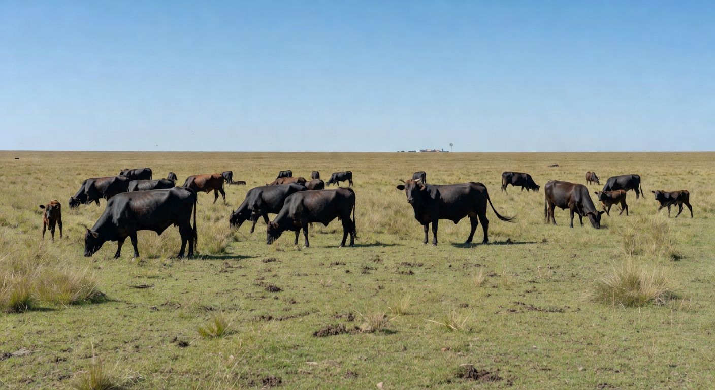 Rebanho de gado Brangus em pastagem nos pampas do Rio Grande do Sul durante visitas técnicas do Congresso Mundial.