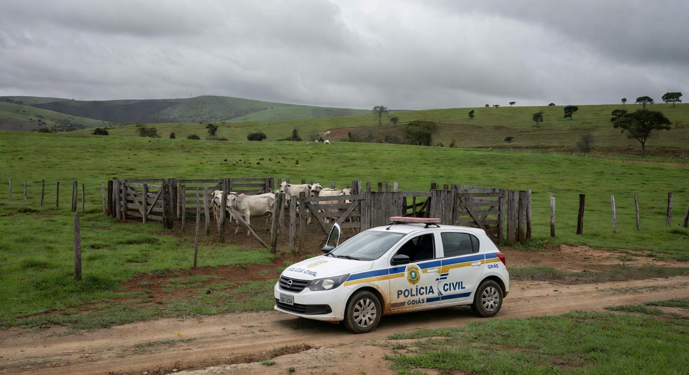 Viatura da Polícia Civil de Goiás em fazenda com gado, representando investigação de golpe em revenda de animais.