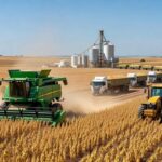 Campos de soja no Brasil com colheita e caminhões para exportação, representando recorde no agronegócio.
